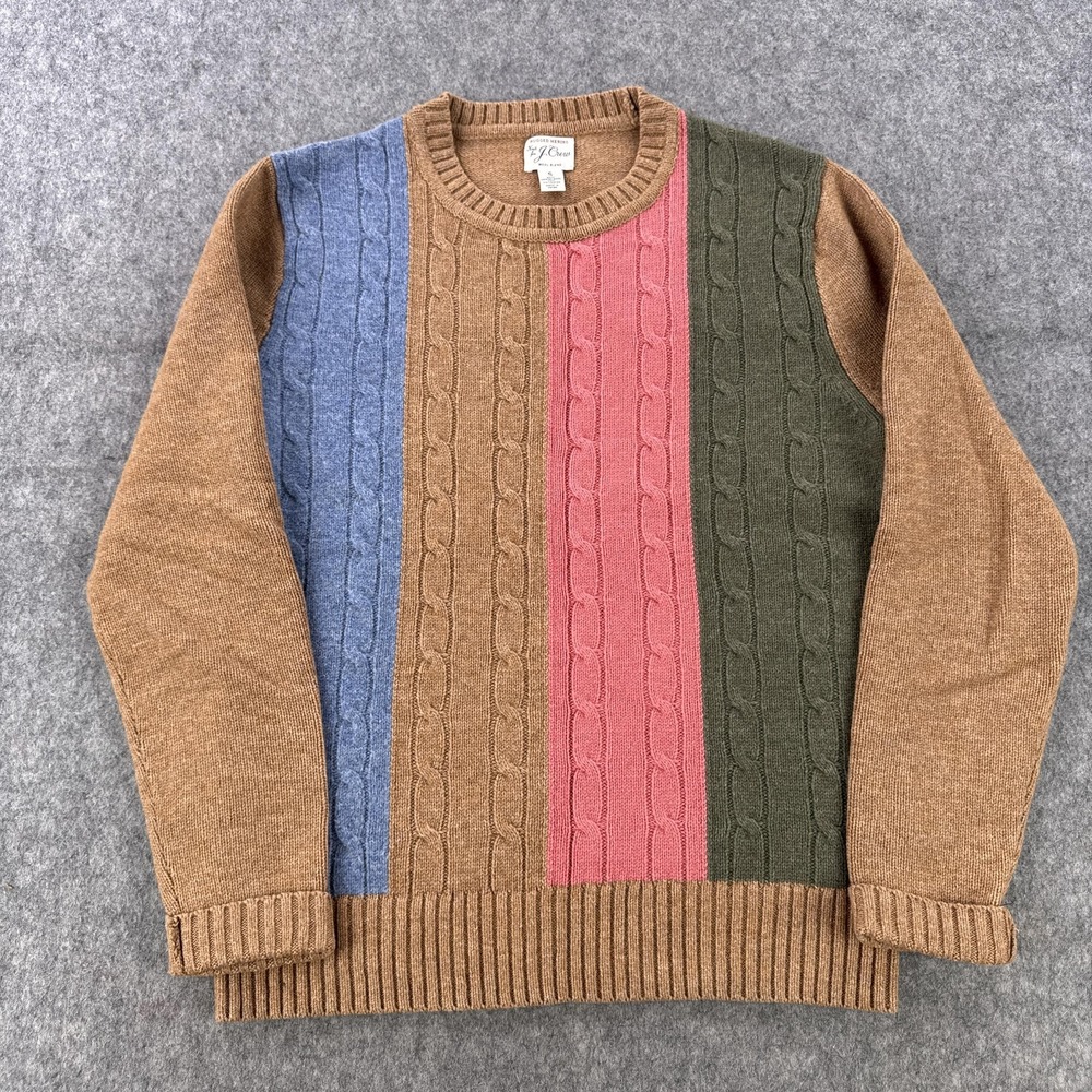 J Crew Rugged Merino Sweater Men Small Pastel Rainbow Stripe Cable Knit Crewneck